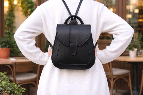 Minimalist Black Leather Backpack, Small Leather Backpack Purse, Handmade Mini Leather Backpack, Women Leather Rucksack