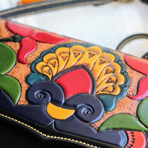 Embossed authentic Leather crossbody purse for women, women's tooled leather handbag, Crossbody leather bag, leather carving bag image 5