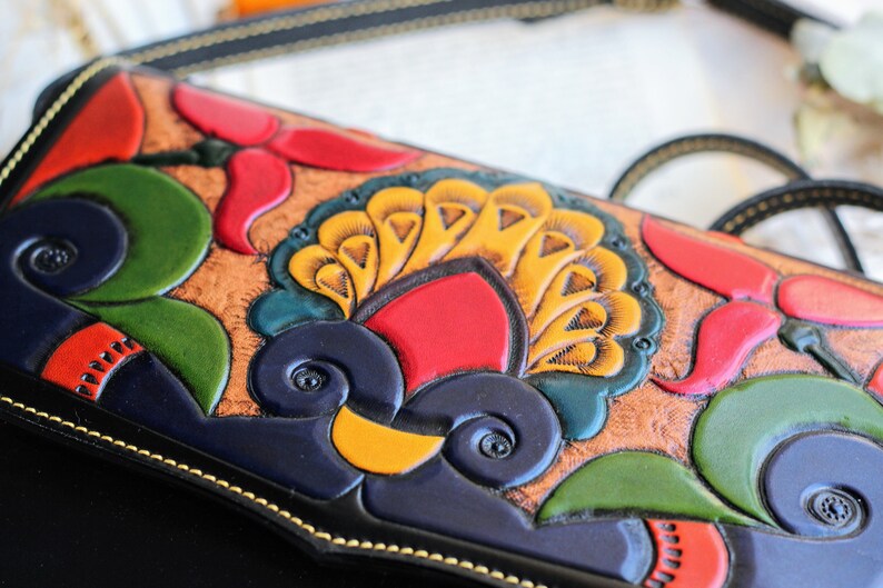 Embossed authentic Leather crossbody purse for women, women's tooled leather handbag, Crossbody leather bag, leather carving bag image 5