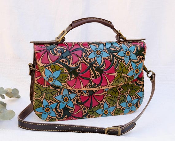 Vintage top handle leather bag, tooled Leather bag with flowers, artful purses craftsmanship, atemporal pocketbook for women, timeless style