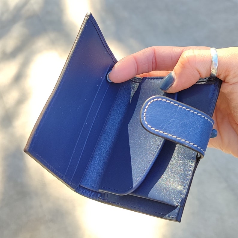 Blue Handmade full grain small Leather Wallet, womens minimalist wallet, Womens Cute Mini wallet, women mini Wallet, Perfect Gift for women image 2