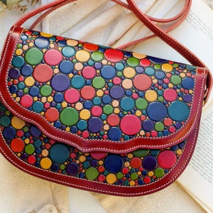 Painted leather crossbody purse, rainbow crossbody purse, colorful saddle bag, tooled leather purse crossbody, handmade leather purse women