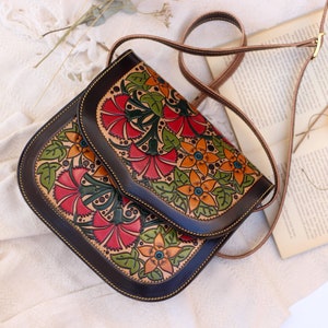Handbemalte Lederhandtasche, bearbeitete Ledertasche, echte, vollnarbig geprägte Ledertaschen für Damen, handgefertigt in Spanien