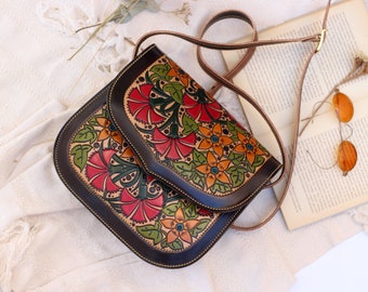 Hand painted leather handbag, tooled leather bag, genuine full grain embossed leather bags for women handmade in Spain