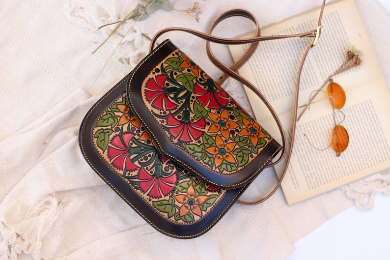 Hand painted leather handbag, tooled leather bag, genuine full grain embossed leather bags for women handmade in Spain image 1