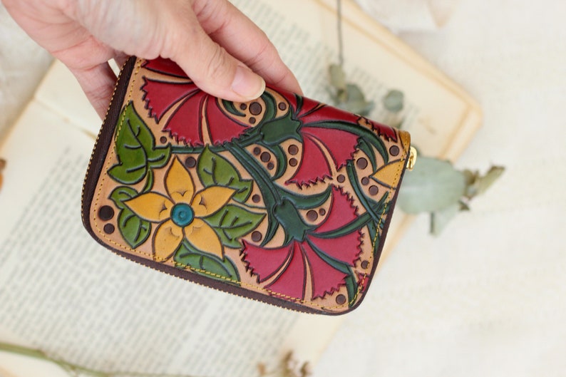 Floral zipper leather women's wallet, Zip Around leather wallet for women, Leather goods for women, handmade wallet, birthday gift for her image 7