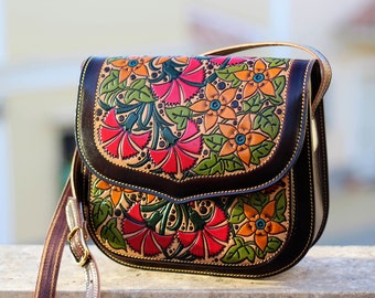 Leather crossbody purse with flowers, Tooled leather purse, womens Leather purse, crossbody handbag for women, painted leather handbag purse