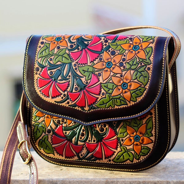 Leather crossbody purse with flowers, Tooled leather purse, womens Leather purse, crossbody handbag for women, painted leather handbag purse