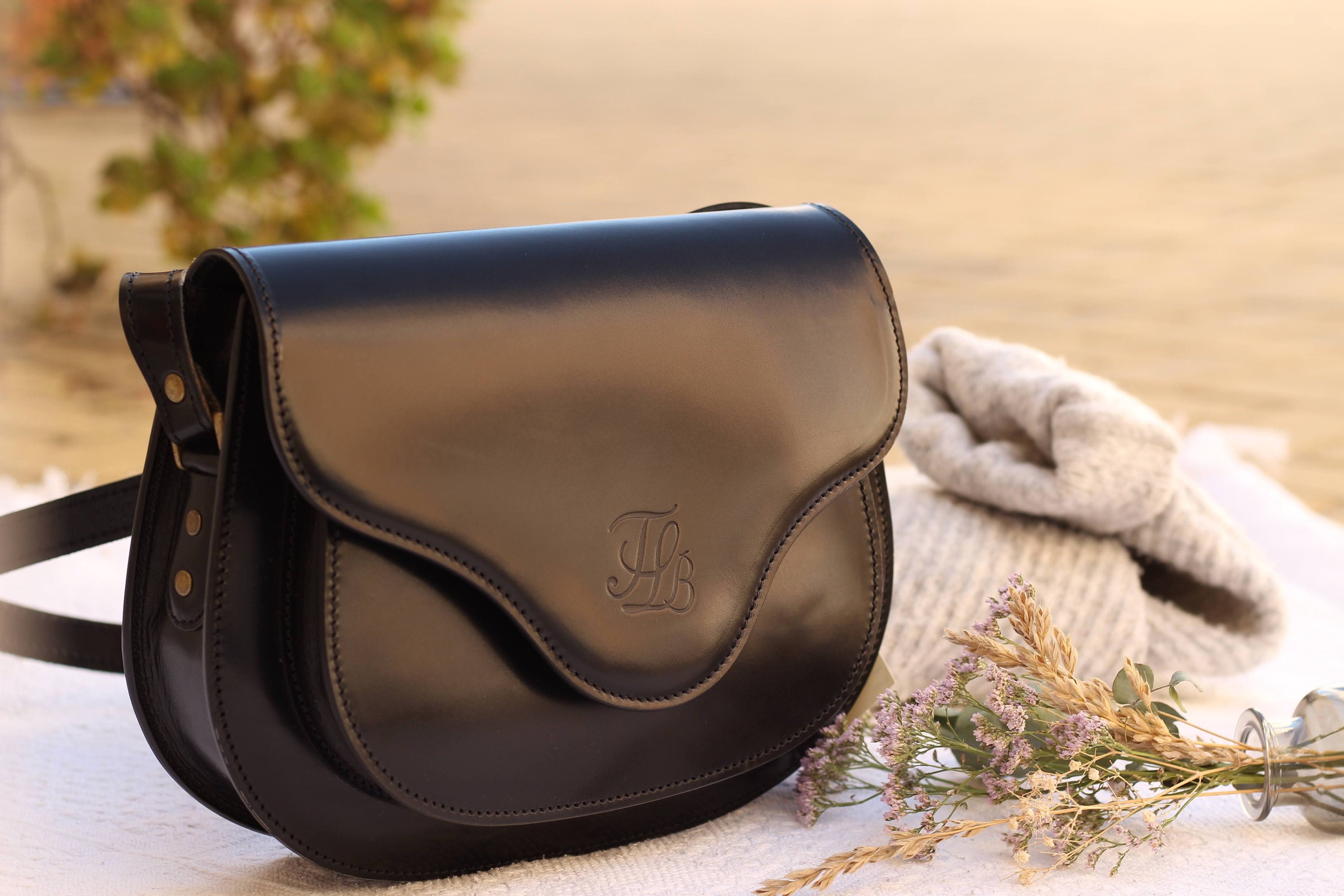 Hand Crafted Crossbody Black Leather Purse, Leather Saddle