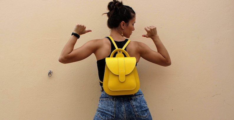 Yellow leather backpack purse for women, Hand made rucksack backpack, yellow Leather backpack for woman image 1