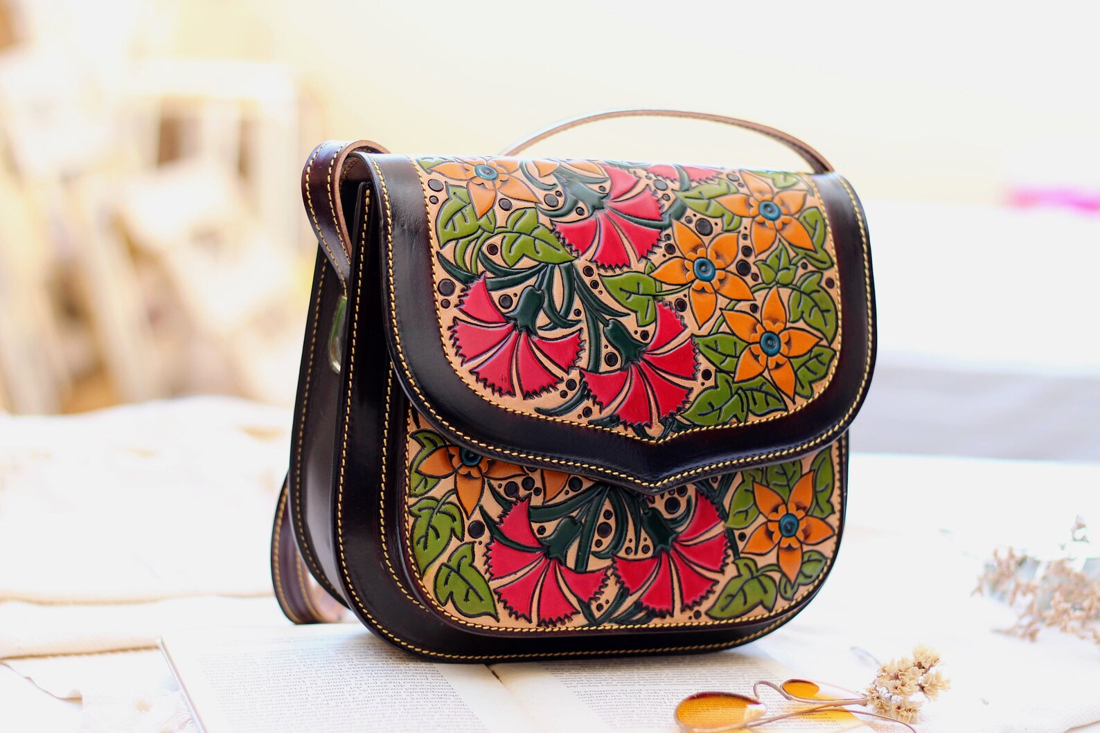Leather Crossbody Purse With Flowers Tooled Leather Purse Etsy