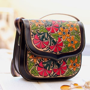 Leather Crossbody Purse With Flowers Tooled Leather Purse - Etsy