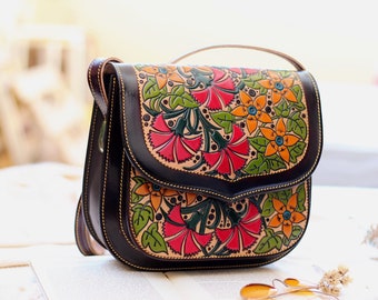 Printed floral bag for women, Vintage tooled Leather crossbody women's bag, unique saddle bag, embellished saddle bag , gifts for her