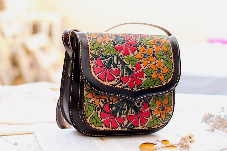 Printed floral bag for women, Vintage tooled Leather crossbody women's bag, unique saddle bag, embellished saddle bag , gifts for her image 1