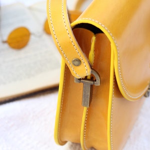 Hand made Summer Crossbody Leather Bags for women, Handcrafted Yellow Leather Purse, Yellow leather saddle bag gift for her image 6