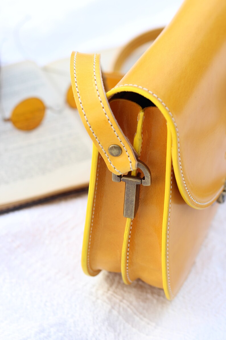 Hand made Summer Crossbody Leather Bags for women, Handcrafted Yellow Leather Purse, Yellow leather saddle bag gift for her image 6