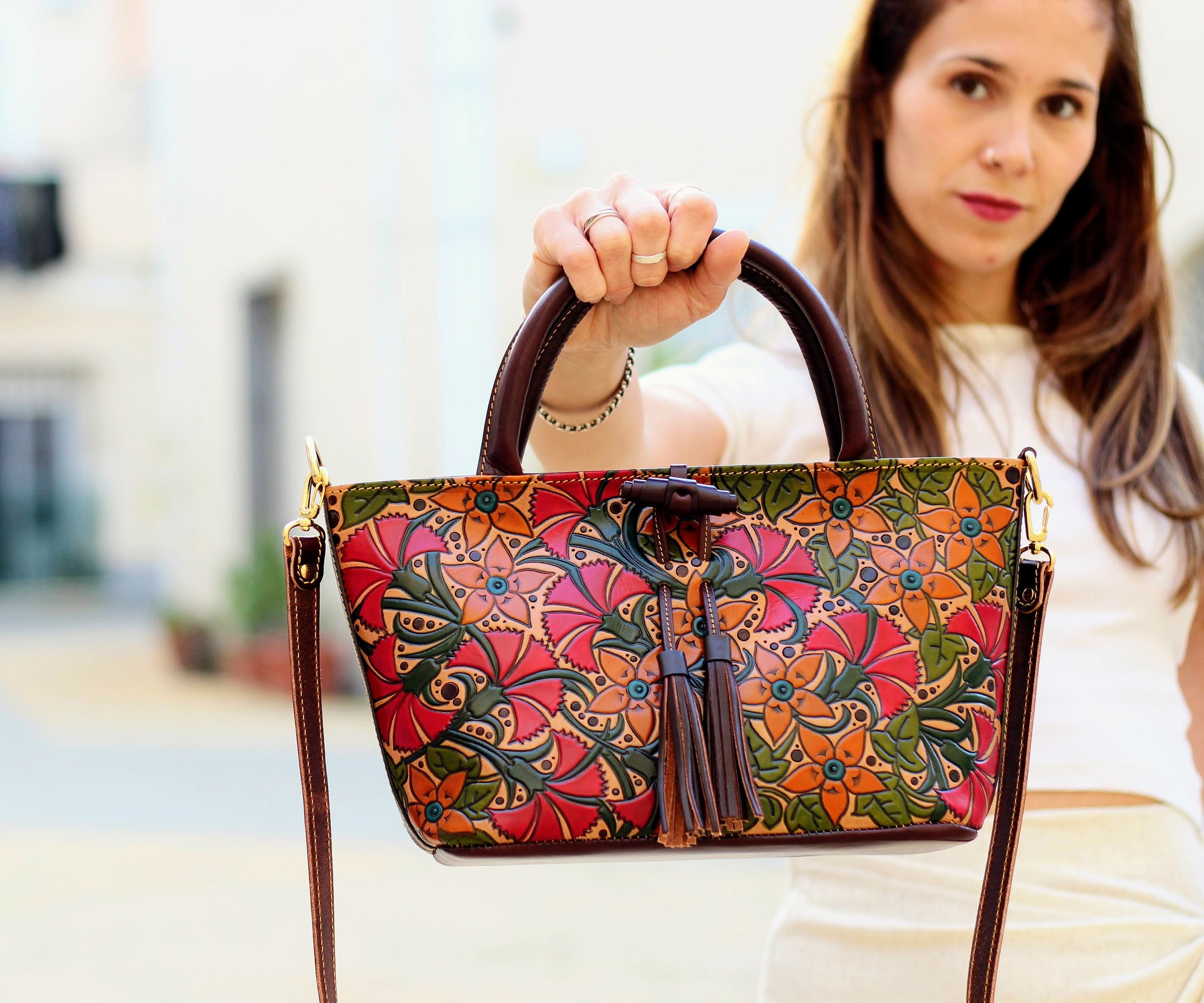 Floral Embossed Zipper Leather Women's Handbag, Authentic