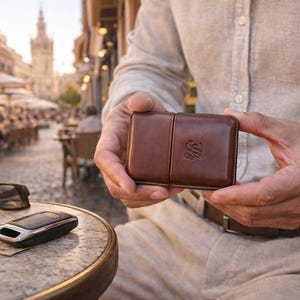May include: A brown leather wallet with a decorative emblem is held in front of a blurred outdoor background. The wallet is rectangular and appears to be made of high-quality leather. Sunglasses and a car key fob rest on a nearby table.