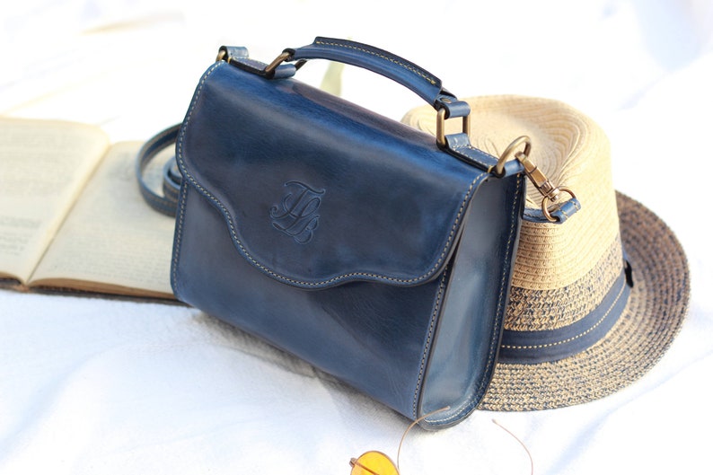 Black crossbody Leather purse with top handle, Small soft leather crossbody purse, leather purse detachable strap, Navy blue