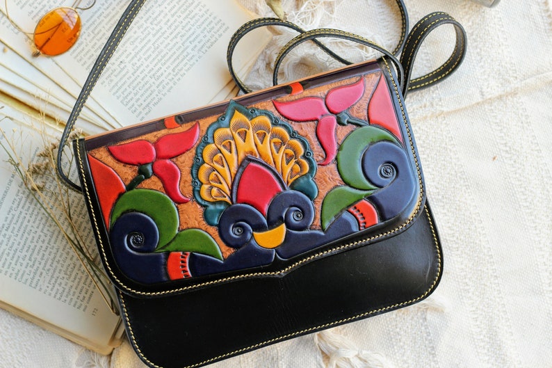 Embossed authentic Leather crossbody purse for women, women's tooled leather handbag, Crossbody leather bag, leather carving bag image 3