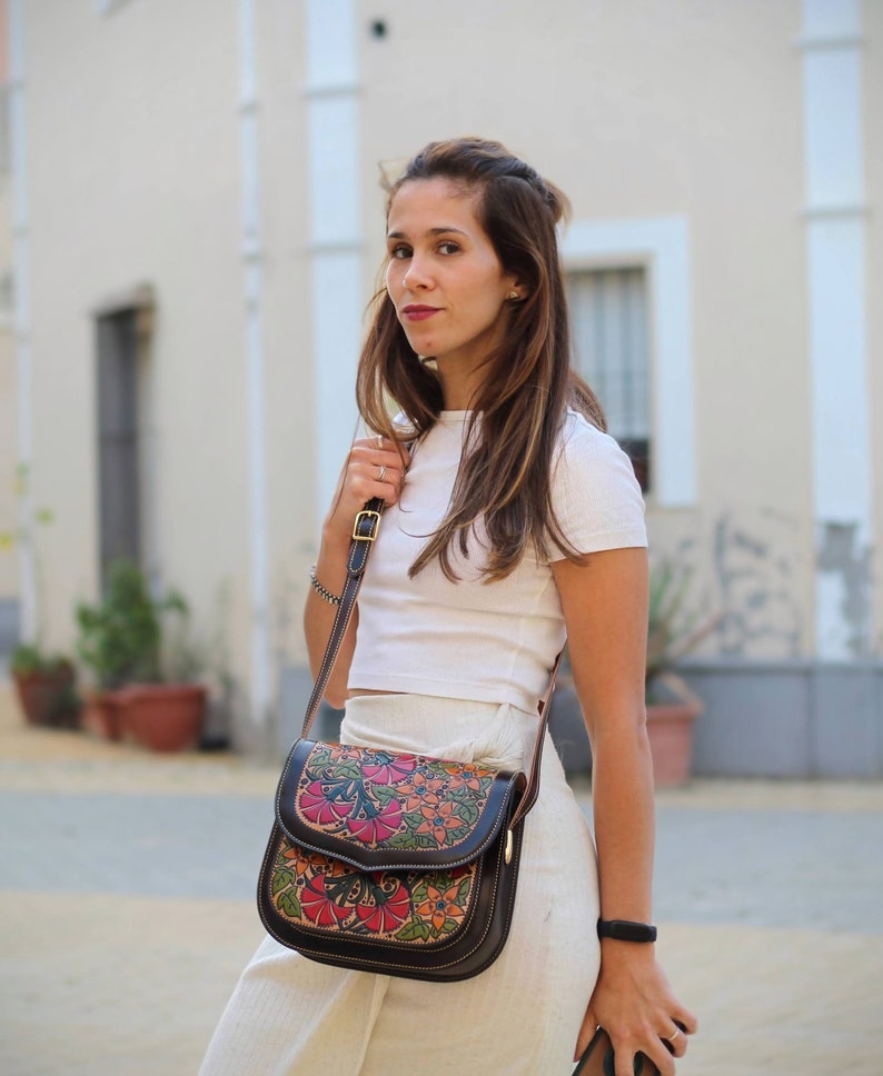 Hand painted leather handbag, tooled leather bag, genuine full grain embossed leather bags for women handmade in Spain image 2