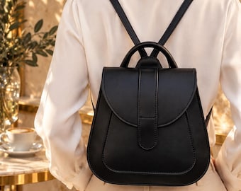Black Leather Backpack Minimalist for Woman, Small Leather City Backpack Purse, Handmade Leather Women Rucksack