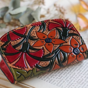 Carteira de couro floral, bolsa de couro com fecho, bolsa de moedas pequena floral, bolsa de moedas com padrão floral, bolsa de moedas de cravos, bolsa de couro