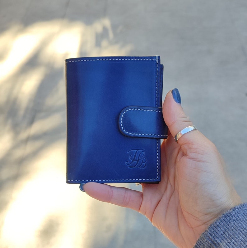 Mini brown leather wallet, small handmade leather wallet for women for men, billfold leather wallet with coin pocket, leather goods for her Blue