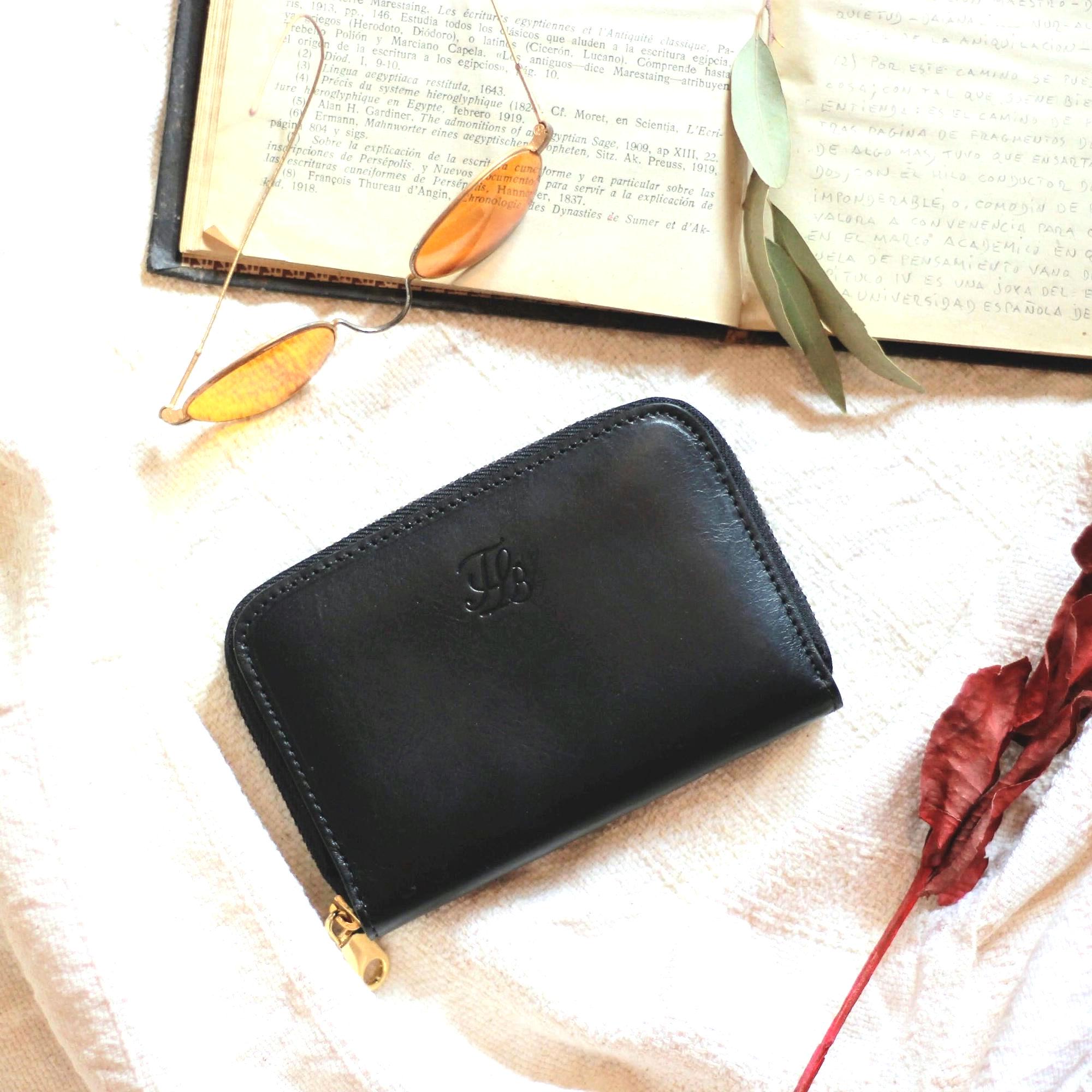 Compact Black Leather Zip Around Wallet - Minimalist dark Notecase for Women