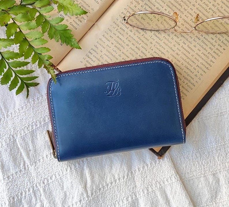 Portafoglio con cerniera per donna, portafoglio per donna con cerniera, portafoglio medio in pelle, portafoglio in pelle, regali per lei, portafoglio in pelle Blue