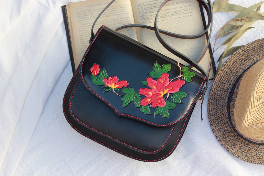 Leather Purse With Flowers, Womens Leather Handbag, Black