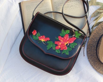 Leather purse with flowers, womens leather handbag, black crossbody leather purse women, black leather handbag, handmade leather handbags