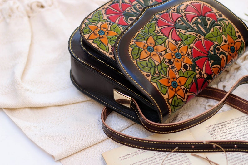 Printed floral bag for women, Vintage tooled Leather crossbody women's bag, unique saddle bag, embellished saddle bag , gifts for her image 5