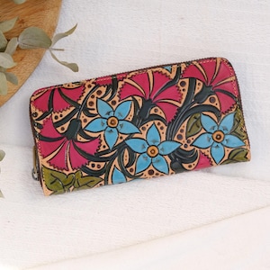 Tooled leather wallet with zipper around for women, zip around leather wallet, floral painted leather wallet, statement leather wallet