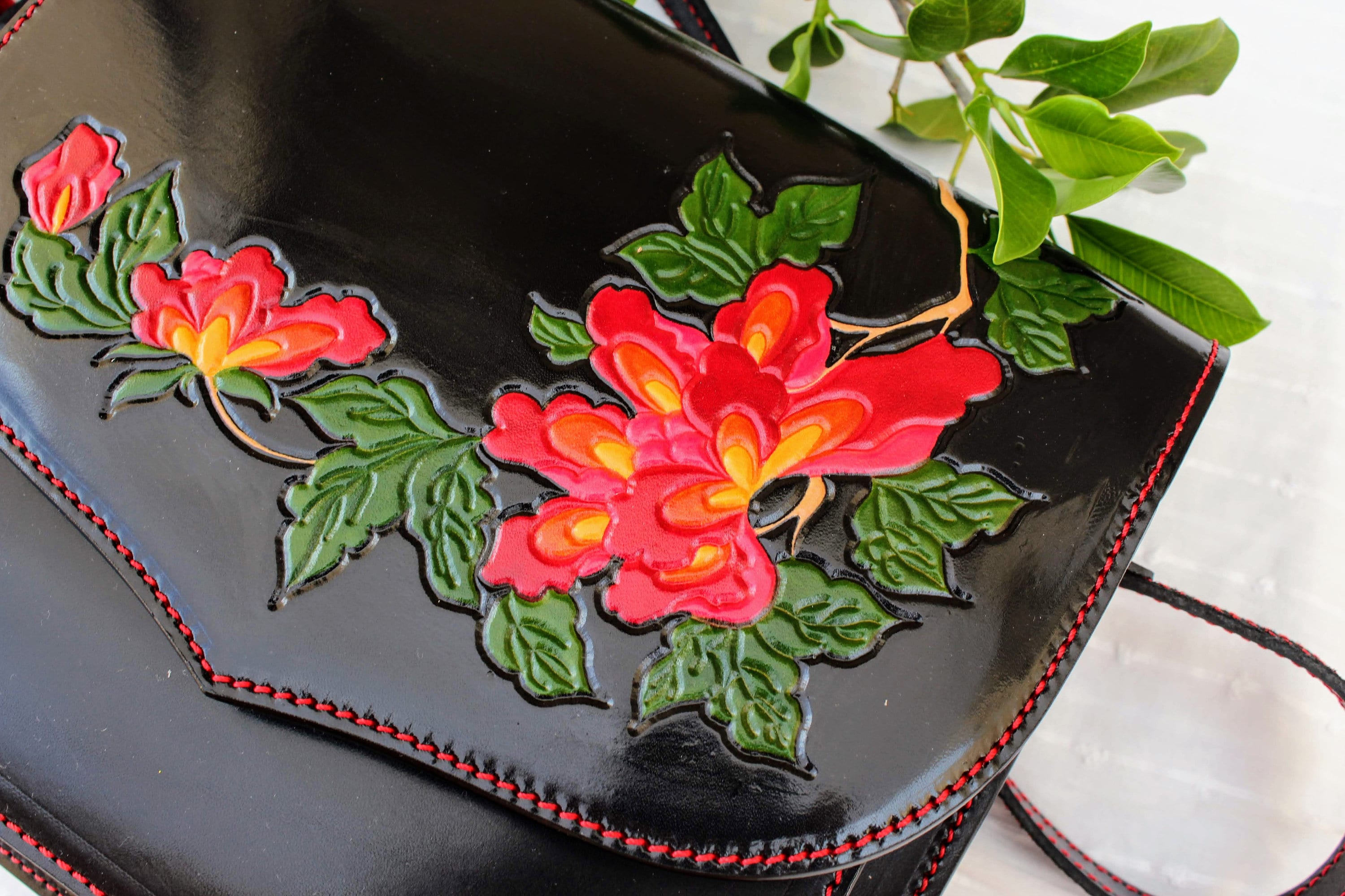 Leather Purse With Flowers, Womens Leather Handbag, Black