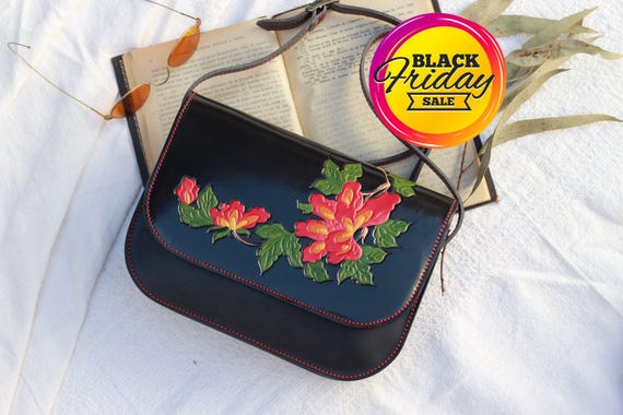 Crossbody Black Leather Bag With Flowers for Women Delicate Black Leather Handbag for Women Hand Painted Leather Crossbody Purse Etsy Canada