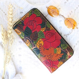 Tooled leaves Leather wallet for women, Long leather Wallet women, zip around big leather wallet, Accordion wallet, tooled leather wallet