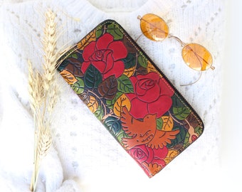 Tooled leaves Leather wallet for women, Long leather Wallet women, zip around big leather wallet, Accordion wallet, tooled leather wallet