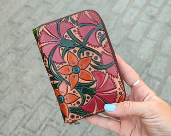 Floral tooled wallet, leather wallets for women • women's wallets • personalized gifts for her • zipper wallets women's