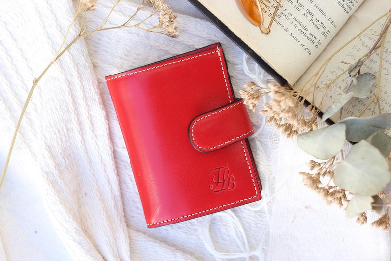 Blue Handmade full grain small Leather Wallet, womens minimalist wallet, Womens Cute Mini wallet, women mini Wallet, Perfect Gift for women Red