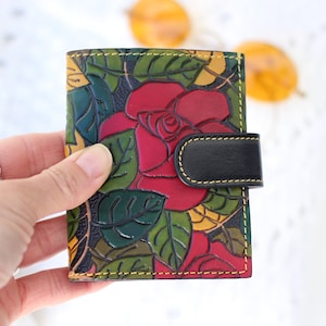 Hand Painted Floral Leather Wallet for women, Handcrafted Small Leather Wallet with Elegant Embossing, Perfect for Cards and Cash