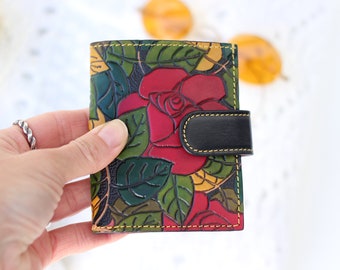 Mini leather wallet for women, Small leather wallet for women, handmade Leather Wallet, flowered bifold leather wallet, cute leather wallet