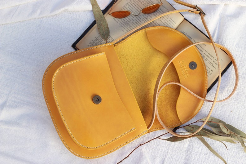 Yellow crossbody bag for women, handmade leather saddle bag, minimalist snap button bag, authentic leather bag for women, artisan leather bag image 5