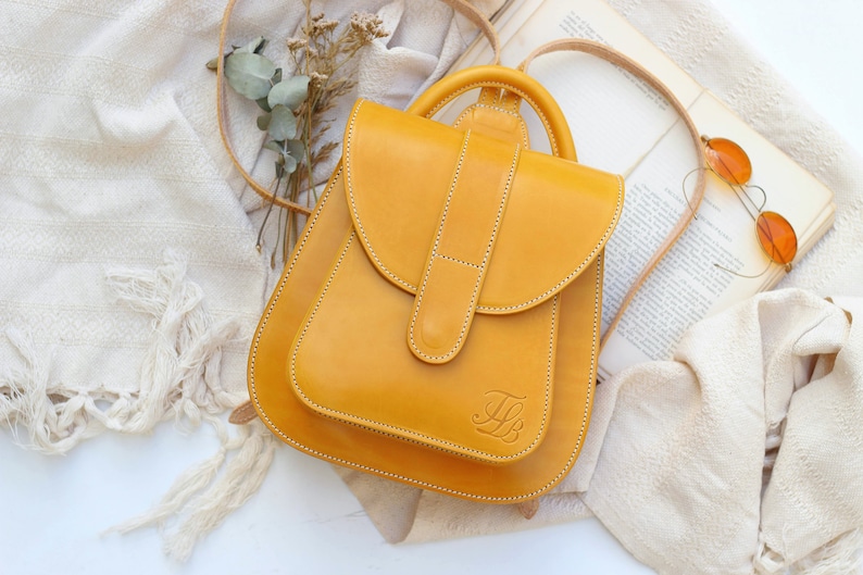 Yellow leather backpack purse for women, Hand made rucksack backpack, yellow Leather backpack for woman image 6