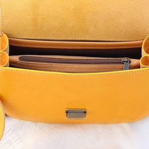 Hand made Summer Crossbody Leather Bags for women, Handcrafted Yellow Leather Purse, Yellow leather saddle bag gift for her image 3