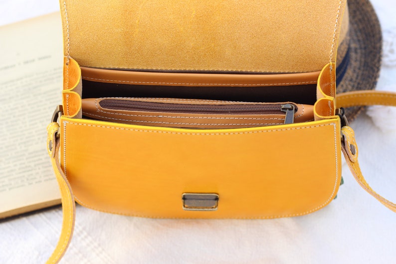 Hand made Summer Crossbody Leather Bags for women, Handcrafted Yellow Leather Purse, Yellow leather saddle bag gift for her image 3