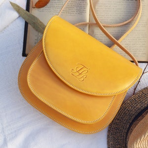 Yellow crossbody bag for women, handmade leather saddle bag, minimalist snap button bag, authentic leather bag for women, artisan leather bag image 1