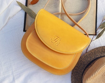 Yellow crossbody bag for women, handmade leather saddle bag, minimalist snap button bag, authentic leather bag for women, artisan leather bag