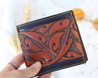 Handmade carved leather men wallet • men leather wallet with leaves • embosseg leather wallet for men Handmade carved leather men wallet • men leather wallet with leaves • embosseg leather wallet for men