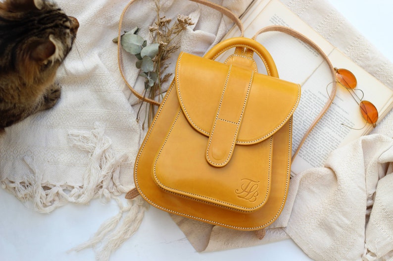Yellow leather backpack purse for women, Hand made rucksack backpack, yellow Leather backpack for woman image 7